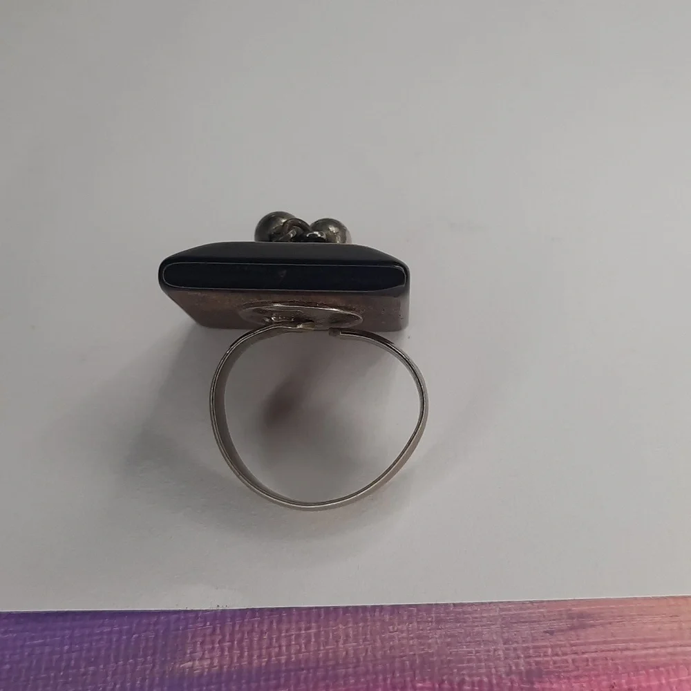 Square adjustable 1960's 1970's Vintage wood silver ball detail ring